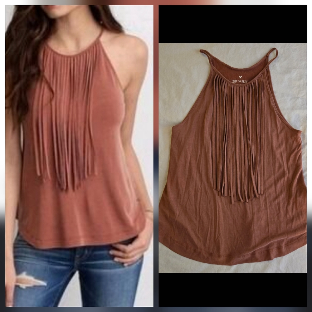 American Eagle Soft & Sexy Fringe Racerback Tank - Clay Red/Brown Boho